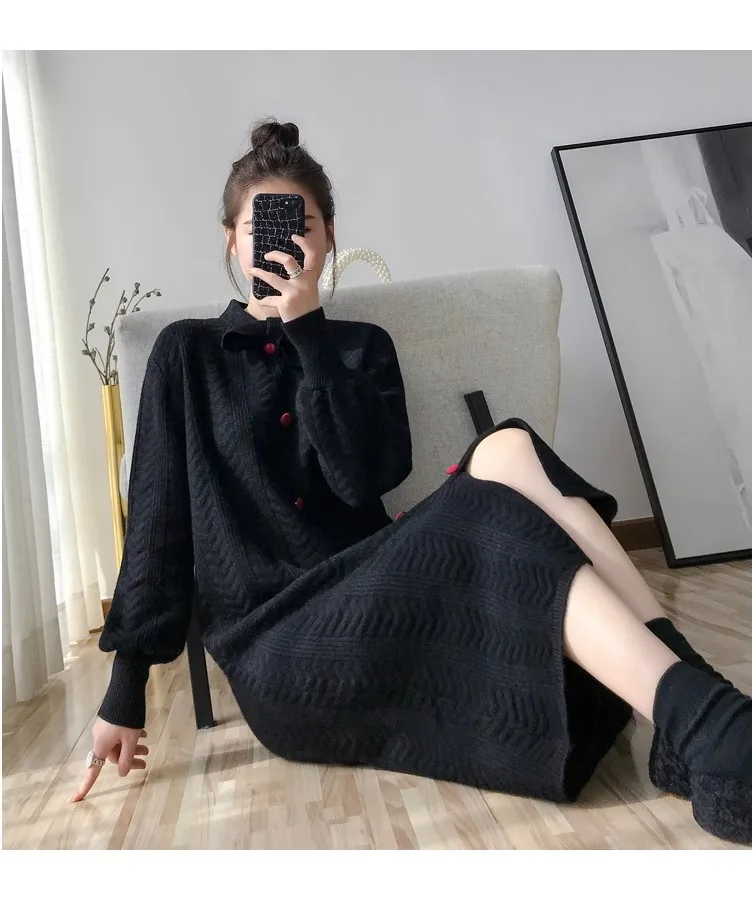 Outono inverno nova malha único breasted vestido de lã sobre o joelho feminino solto vestido de comprimento médio com casaco inferior