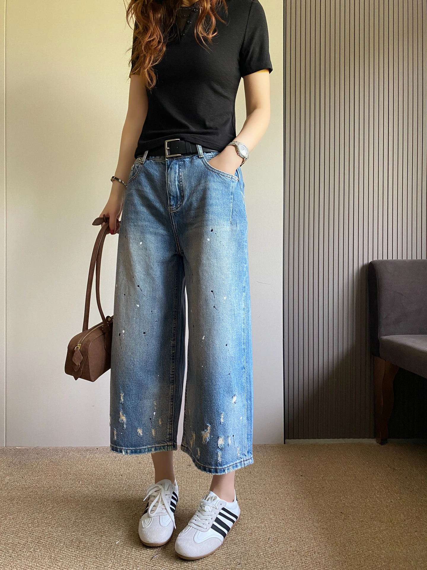 

Retro Spill Ink Hole Denim Jeans Women's High Waist Loose Straight Leg Wide Leg Pants Summer New Style Direct Printing