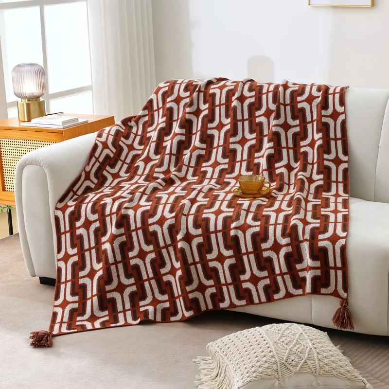 Orange Red Knitted Blanket Geometric Bedspread Modern Decorative For Sofa Throw Warm Living Room Bedding Home Decorate