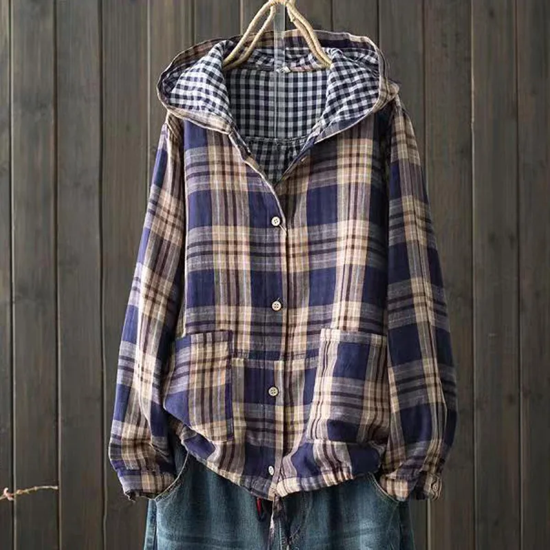 Korean fashion designer womens autumn loose hooded plaid shirts ladies cotton casual large size blouse tops female hoodies