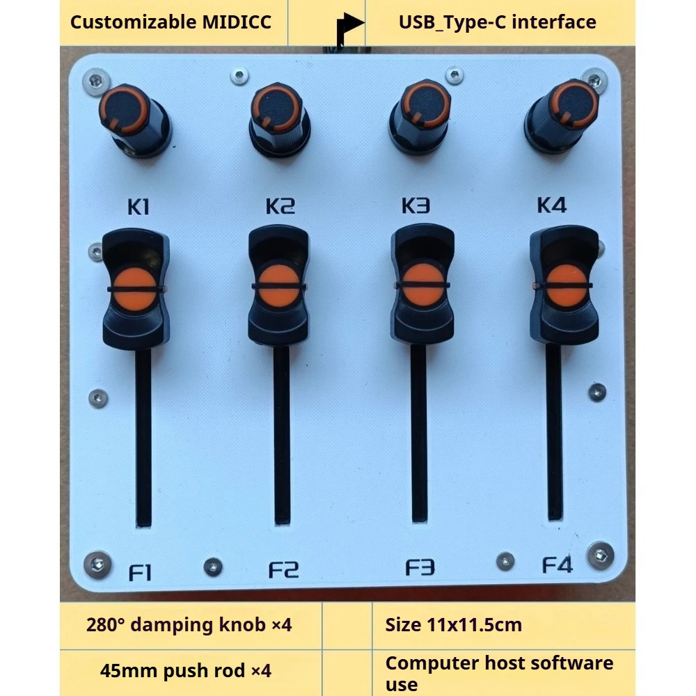 4 Knob 4 Fader MIDI Controller 45mm, USB DAW Control Surface, Programmable CC for Music Production Software