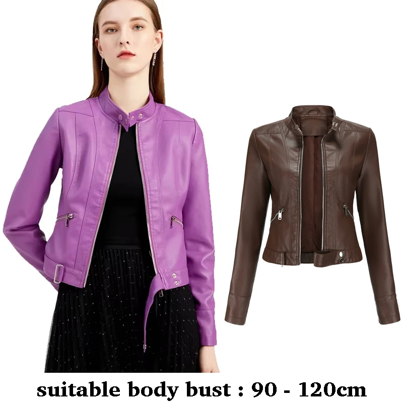 

high quality short leather jacket for women slim motorcycle jacket with belt autumn winter 2025 elegant clothing black brown
