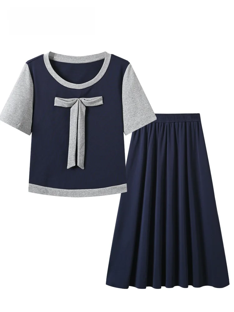 

CaraCLUB Large Size Summer Fashion Short Sleeve Set Women's High Waist Patchwork Top Half Skirt Two-Piece Ensemble Cotton Blend