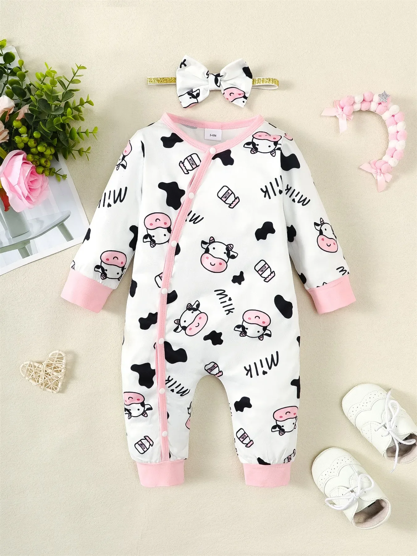 

Baby Girl Cute Cow Long Sleeved Romper+Headband Jumpsuit Clothing for Newborns to Wear throughout the Four Seasons