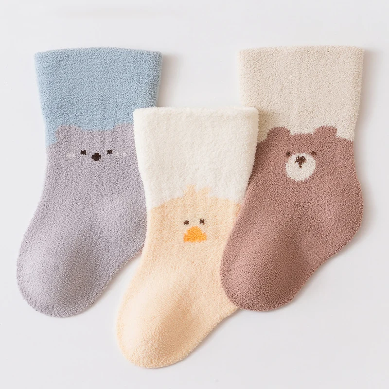 3 Pairs Cute Cartoon Baby Socks Winter Thick Coral Fleece Children Socks Warm Thermal Soft Toddler Socks for Baby Boys Girls
