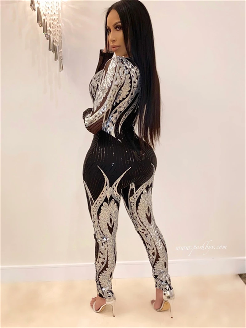 Sexy See Through Sequin Jumpsuit Fall Clothes 2024 Women Long Sleeve Bodysuit Party Nightclub Catsuit One Pieces Overalls Outfit