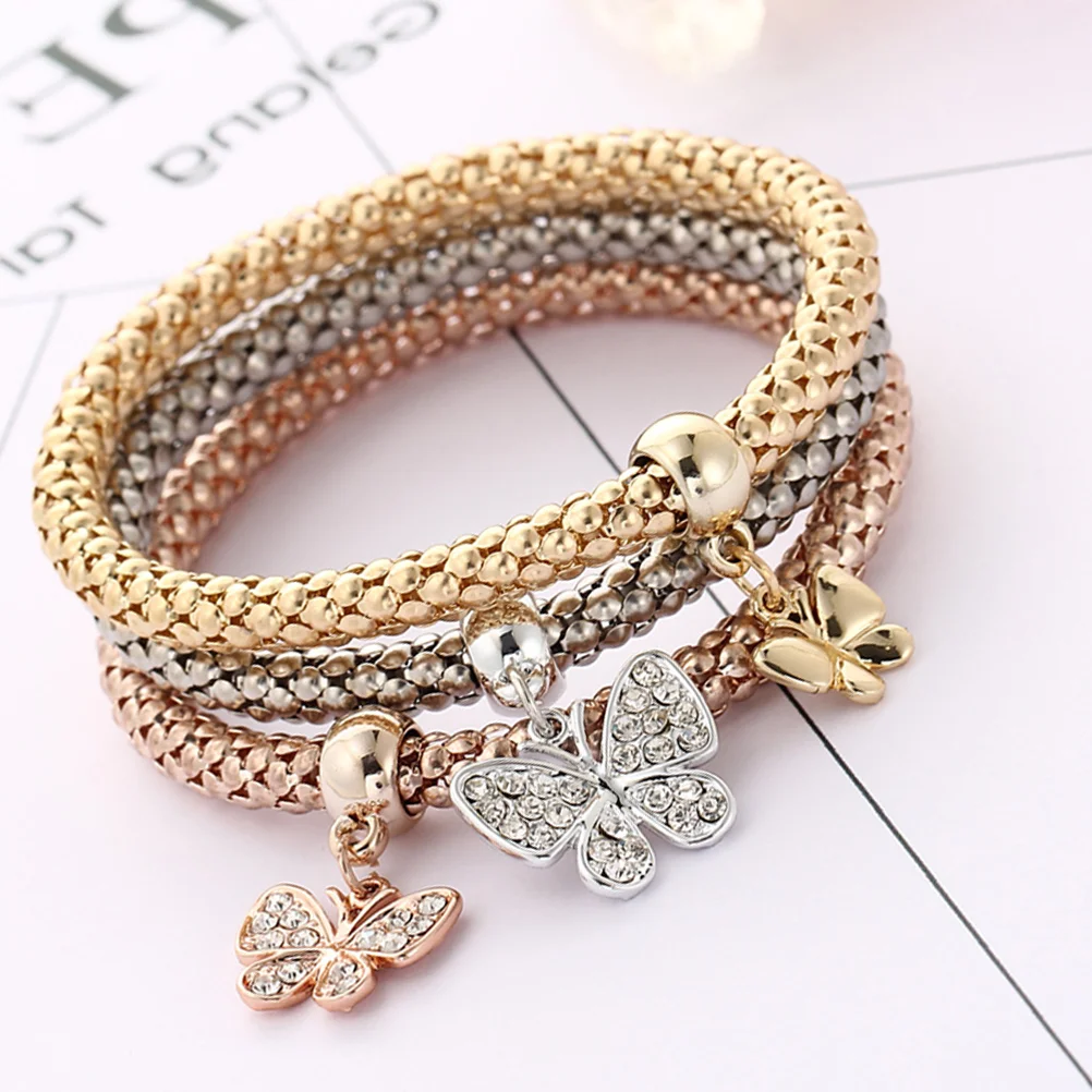 3PCS Women Bracelet -inlay Elastic Popcorn Corn Chain Diamond Pendant Alloy Tricolor Bracelet Set