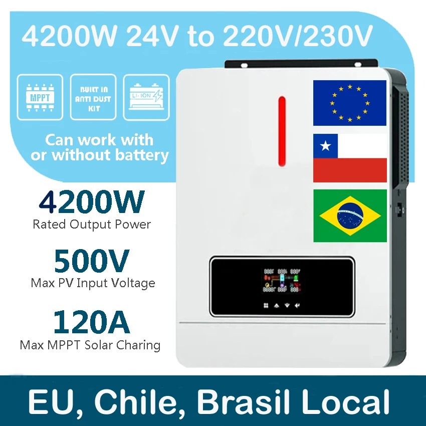 4200W Hybrid Solar Inverter Charger 4.2KW 24V Battery Pure Sine Wave 220V 230V 240V AC 120A MPPT Solar Charge Controller LCD