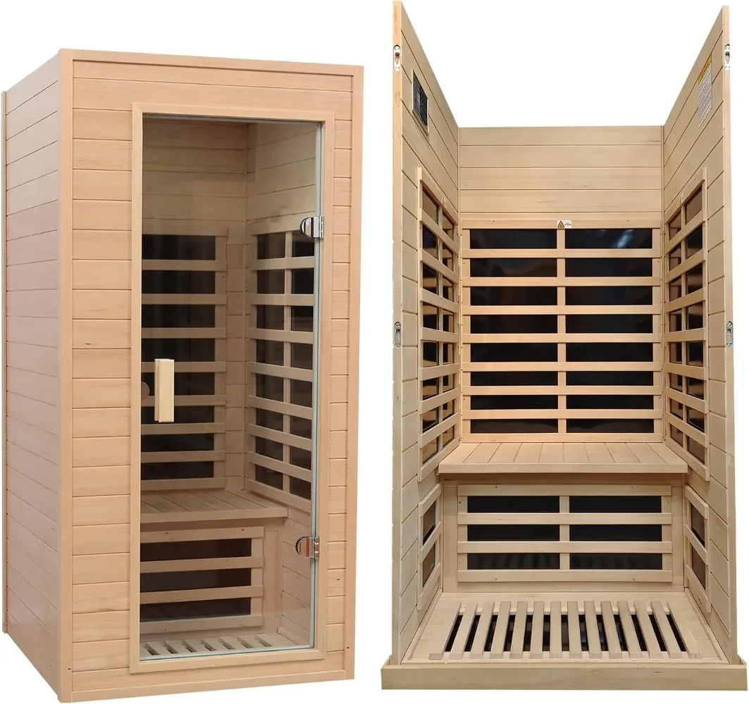 Sauna infrarroja para 1 persona, sauna doméstica, sauna de infrarrojos lejanos de madera Hemlock, 1.200 vatios, infrarrojo lejano de baja EMF con Bluetooth, LCD, LED