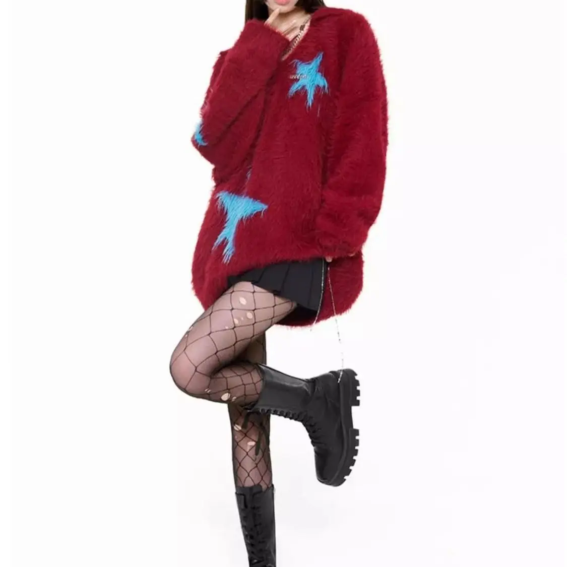 Yabiby Zachte Nepbont Oversize Trui Herfst Winter Y2K Luie Sle Sterrenprint Zoete En Pittige Top Dames Faion kleding