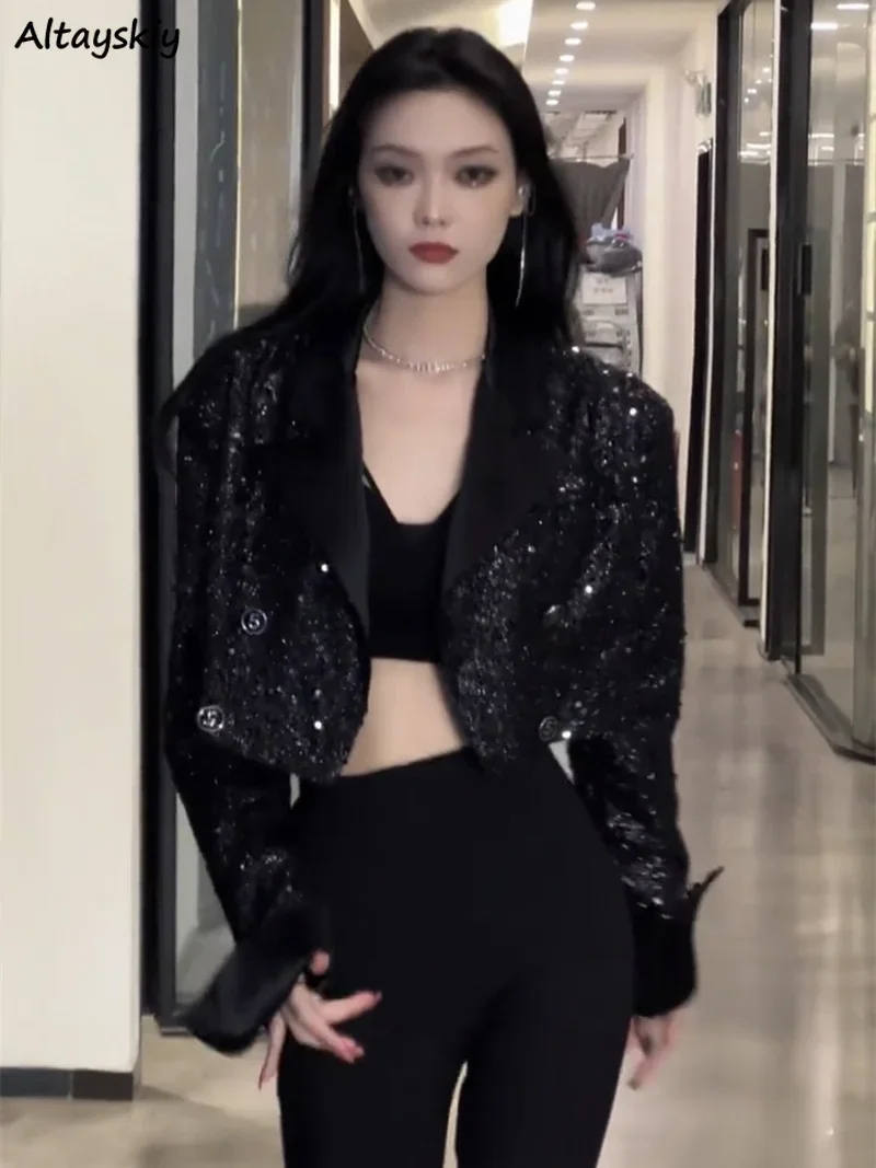 

Crop Jackets Women Sequins Chic Autumn Cool High Street Popular New Ladies Designed Overcoats European Style Harajuku Y2k
