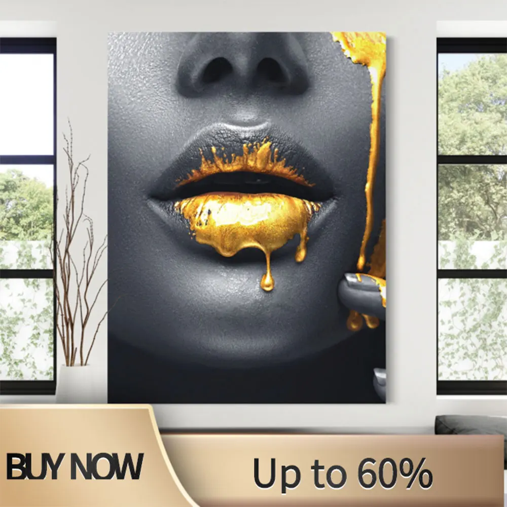 

Fashion Girl Lips Gold Drip Poster Women Artwork Canvas Painting Decoration Wall Art Picture for Living Room Interior Home Decor