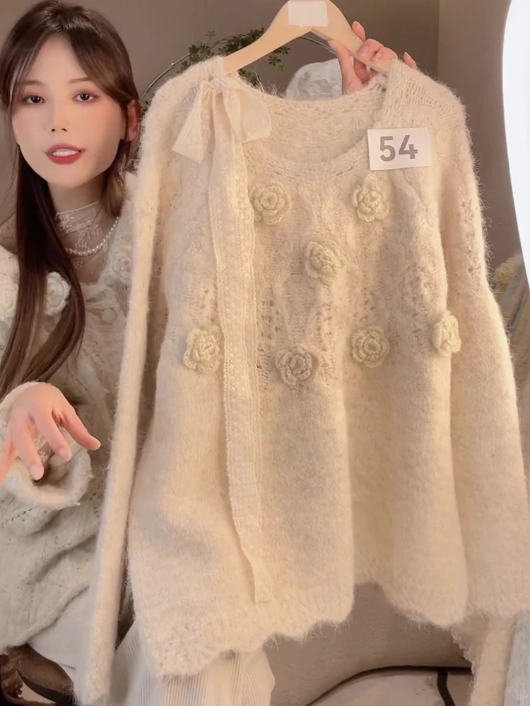 الكورية Sle الجوف خارج ثلاثية الأبعاد زهرة محبوك سترة المرأة فضفاضة كسول Sle سترة علوية الخريف الشتاء جديد وصول ملابس خارجية