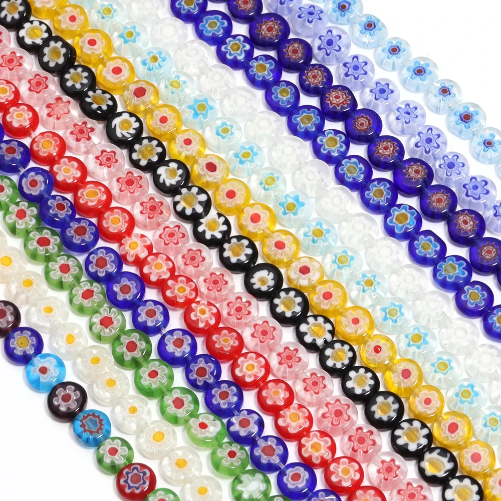 1줄 6/8/10mm 램프워크 비즈 평평한 원형 유약 처리된 유리 꽃 비즈 쥬얼리 제작 DIY 팔찌 목걸이 공예 액세서리