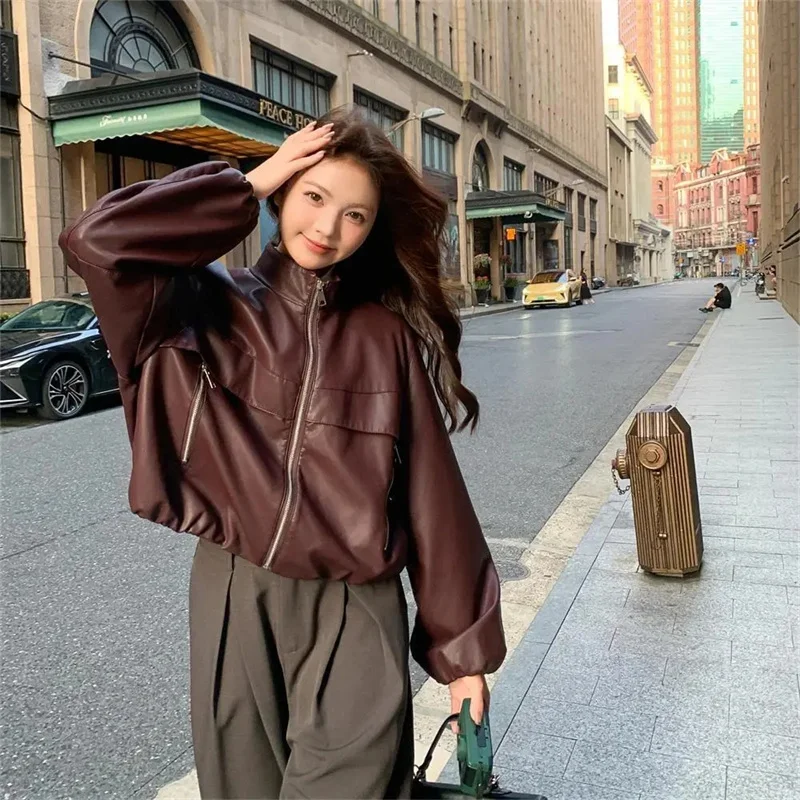 Herfst 20256 Damesjas Casual Opstaande Kraag Lange Sve Kunstleer Jaet Veelzijdige Bovenkleding Ele Ladylike Sle