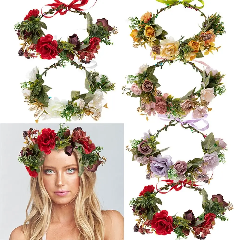 Bohemian Festival Wedding Flower Crown Photo Props Rose Green Leaf Floral Headpiece Hair Wreath for Women Girls