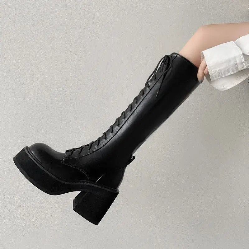 

Womens Knee Length Boots Fashion Thick-soled Casual Boots High Quality Leather Boot Lace Up Platform Boots for Women Botas Mujer