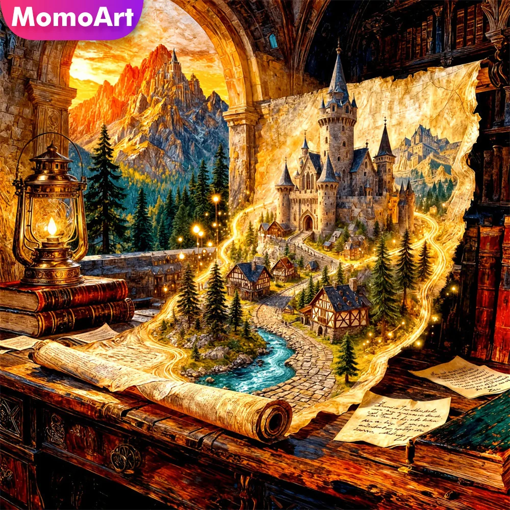 Momoart Diamond Embroidery Castle Rhinestones Painting Tree Landscape Full Square Round Cross Stitch Mosaic Book Decor For Home