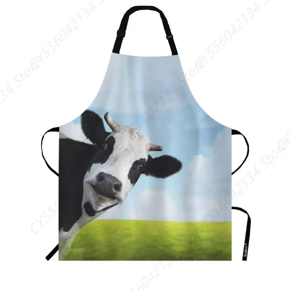 

Корова на зеленом летнем лугу Кухонный фартук-нагрудник Белый Черный Голова животного Забавный день Полиэстер Регулируемый фартук для уличного барбекю в саду
