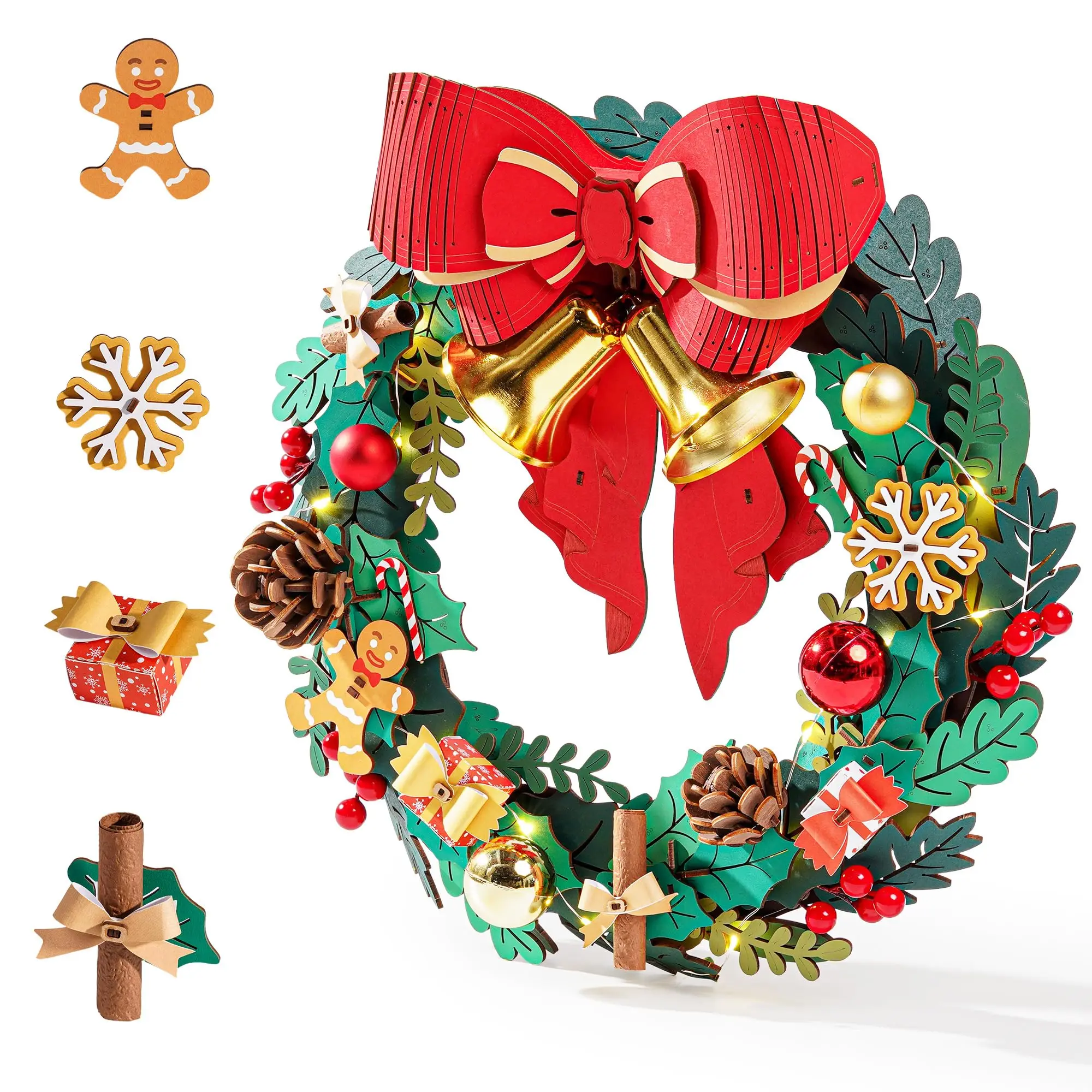 ROBOTIME Rolife إكليل عيد الميلاد ثلاثي الأبعاد لغز خشبي إكليل ذاتي الصنع مع ضوء قابل للبناء زينة عيد الميلاد هدية مثالية للعطلات للبالغين