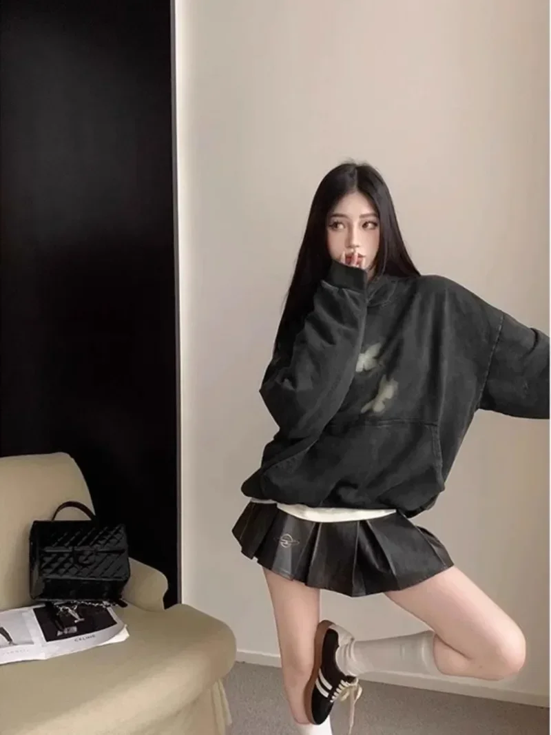 Autumn Winter Butterflies Print Black Hoodie Women Streetwear Harajuku Oversized Hoodies Pullover Sweatshirts Y2k Clothes