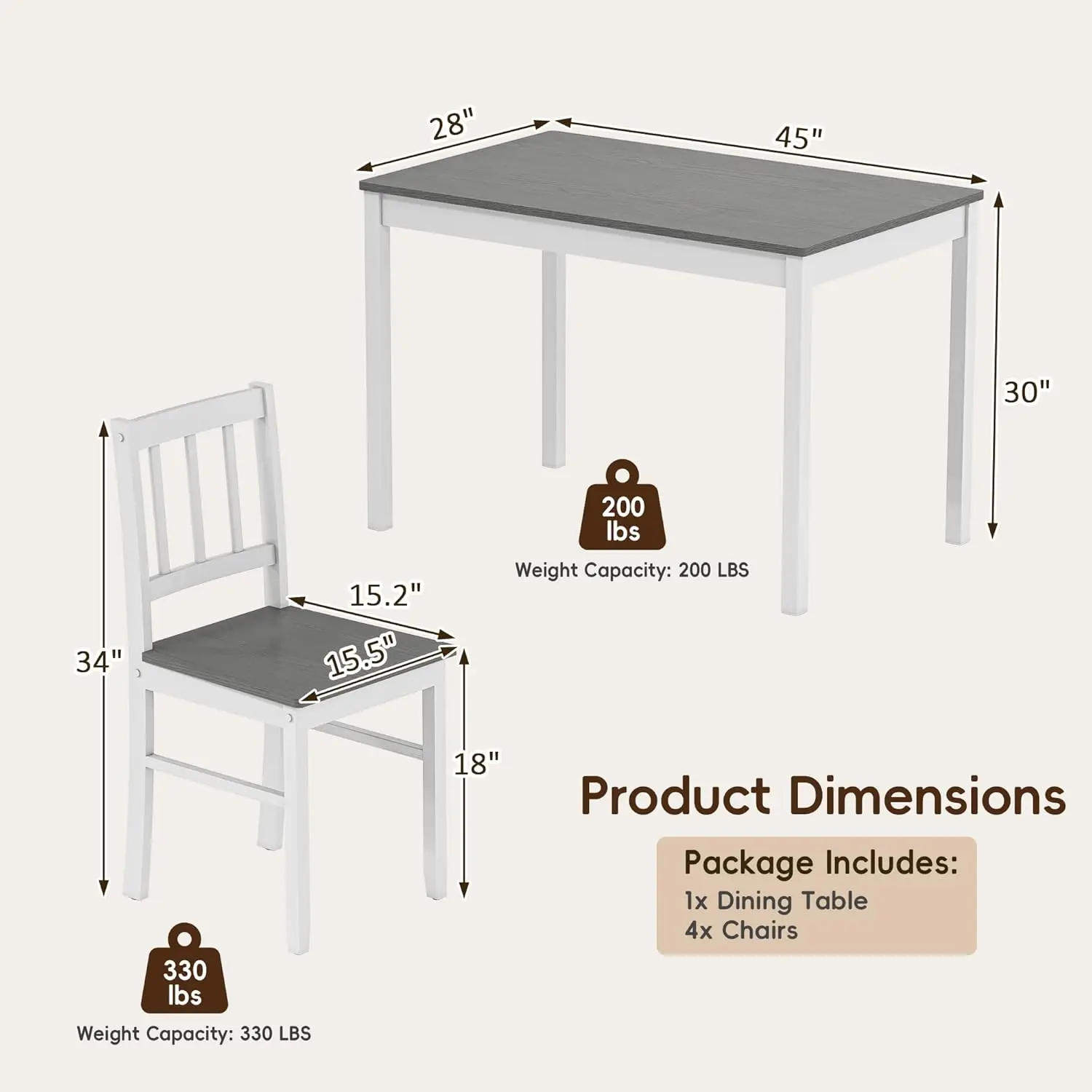 new 5-Piece Dining Table Set for 4, Solid Wood Farmhouse Rectangular Kitchen Table Set with 4 Chairs, Space-Saving, Customized