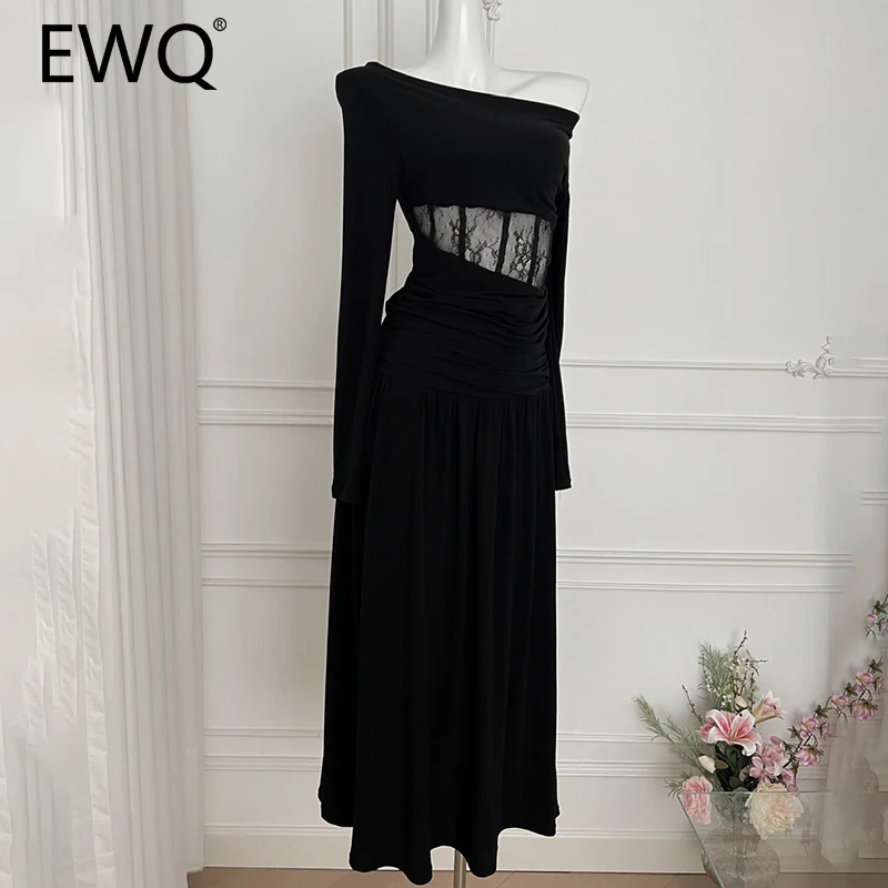 EWQ Slash Neck Lace Patchwork Hollow Out T-shirt Ealstic Waist Slim Half Long Skirt High Street Two Piece Set 2025 Spring 2X2898