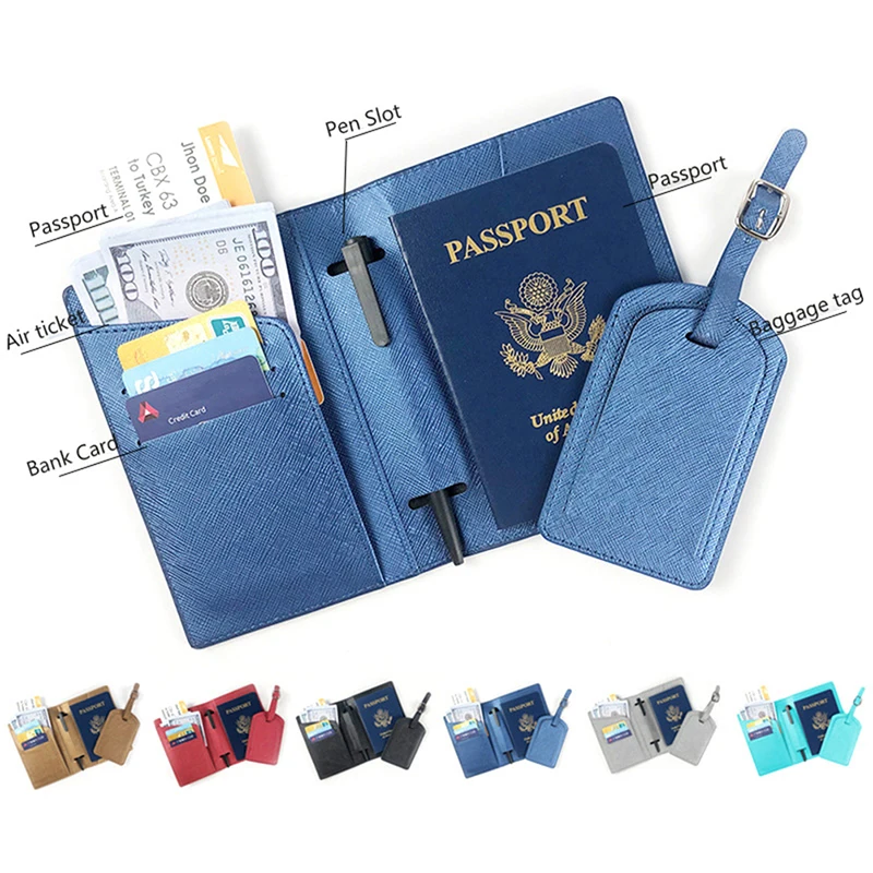 Saffiano-Couverture de passeport en cuir PU avec nom personnalisé, ensemble d'étiquette de bagage, porte-billets, lettres personnalisées, sac à main de voyage, mode