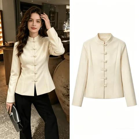 New Chinese Style Satin Knot Button Mandarin Jacket 2026 Spring Women Long Sleeve Waist-cinch Single Breasted Daily Wear Coat