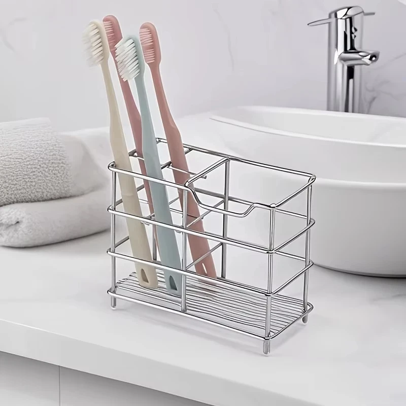 Stainless Steel Toothbrush Holder Freestanding Space-Saving Design No Installation Required for Bathroom Organization