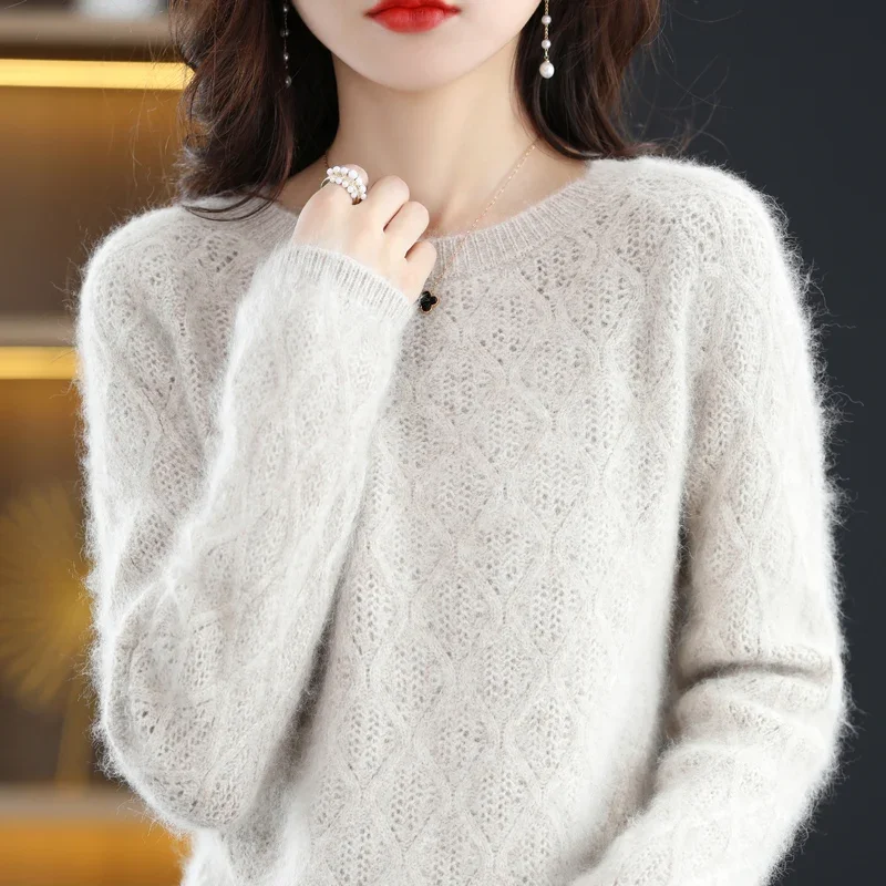 Hollow-Out Round Neck Mink Cashmere Sweater Women's Pullover Knitted Bottoming Shirt New Autumn Winter With Loose Tops Inside