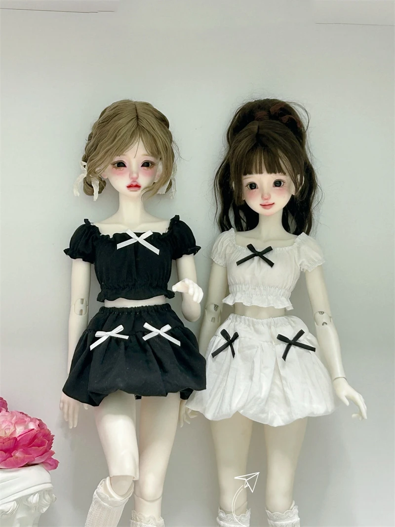 Roupas de boneca bjd adequadas para tamanho 1/4, manga bufante, top, saia de botão de flor, conjunto de roupas, acessórios de boneca (2 pontos)