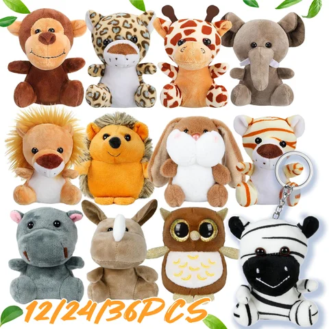12-36 PCS Small Safari Stuffed Animals Bulk 12cm Jungle Animal Mini Plush Toys for Classroom Prizes Party Favors Birthday Gifts