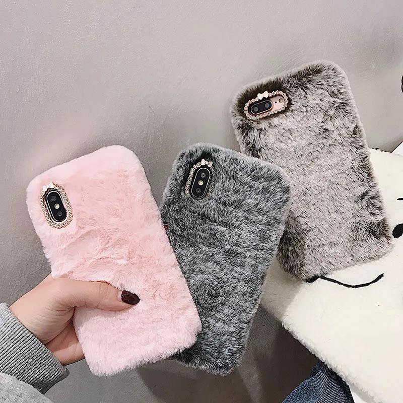 น่ารักฤดูหนาว Warm Fluffy Fur Plush สำหรับ iPhone 12 14 Pro Max 11 13 PRO X XS XR SE 2 8 7 6 Plus 5 4 Glitter ปกคลุมโทรศัพท์