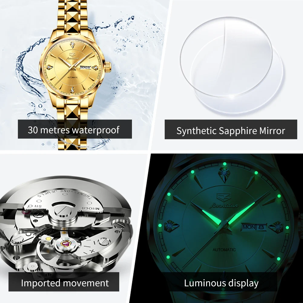 JSDUN Original Brand Automatic Watch for Women Luxury Gold Stainless Steel Mechanical Ladies Wristwatch Elegant Fashion Watches