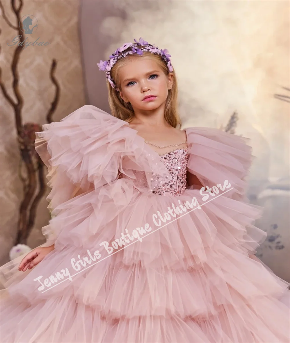 

Puffy Tulle Tiered Girl's First Communion Dress For Stage Performance Exquisite Sequined Kids Birthday Wedding Party Dresses
