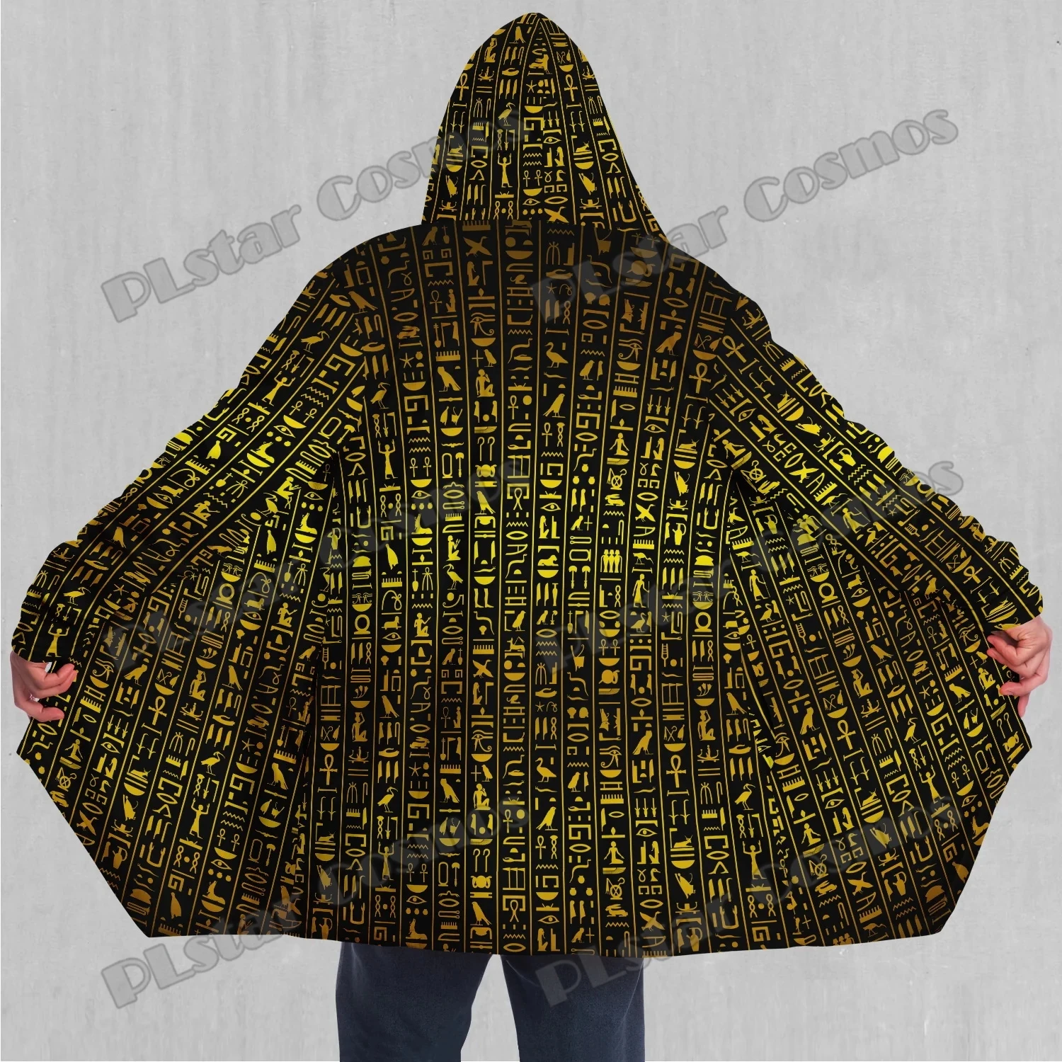 

Ancient Egypt Hieroglyphics Symbol 3D Printed Men's Sherpa Lined Hooded Cloak Winter Unisex Casual Thick Warm Cape Coat DP78