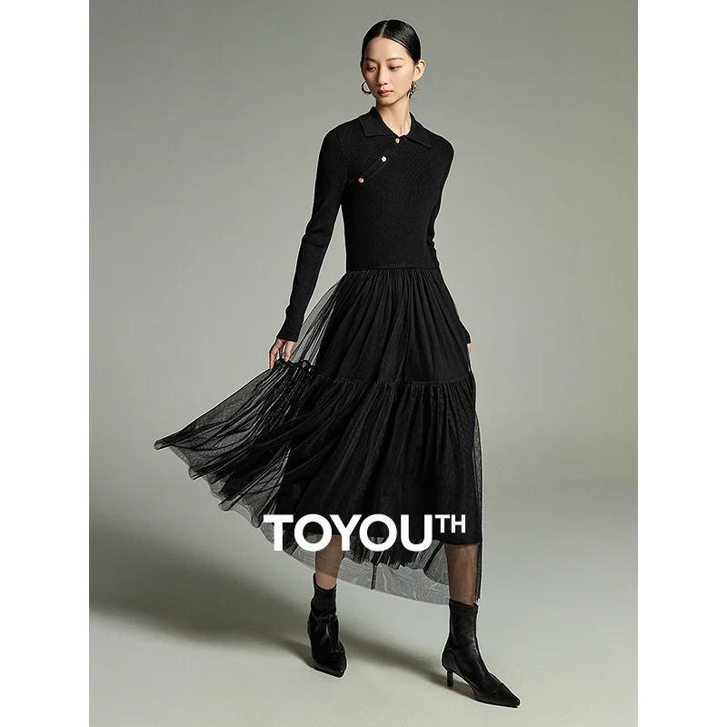 

Toyouth Women Knit Splice Mesh Dress 2023 Winter Long Sleeve Chinese Style Sloping Placket Polo Collar A-shaped Chic Long Skirt