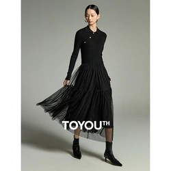 Toyouth Women Knit Splice Mesh Dress 2023 Winter Long Sleeve Chinese Style Sloping Placket Polo Collar A-shaped Chic Long Skirt