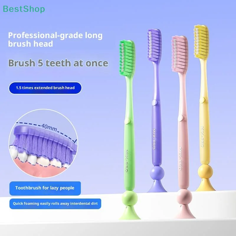 ♥Extra-long Brush Head Antibacterial Soft Bristle Toothbrush With Non-slip Handle And Suction Cup Base Upright Design
