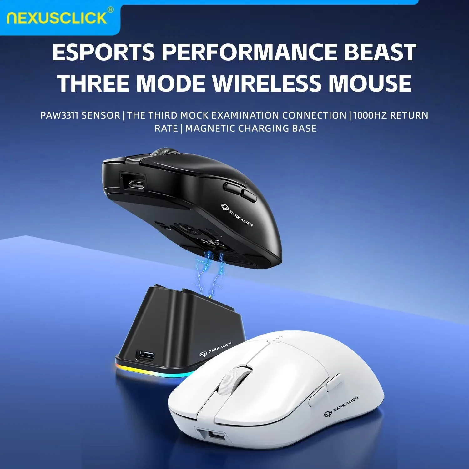 NexusClick X11/X3 Tri-Mode Lightweight Gaming Mouse PAW3311, 12000 DPI, 500 MAh, Esports Mouse Magnetic Fast Charging, RGB Backl