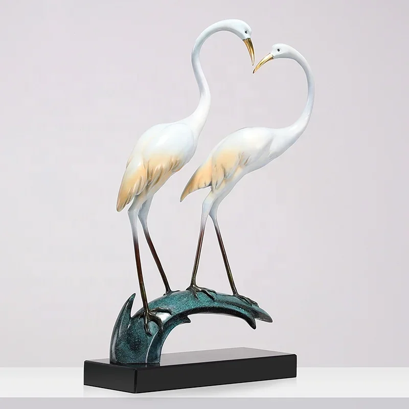 Wholesales Custom Bronze Artificial Animal Bird White Crane Figurine Object For Indoor Home Furnishings Decor