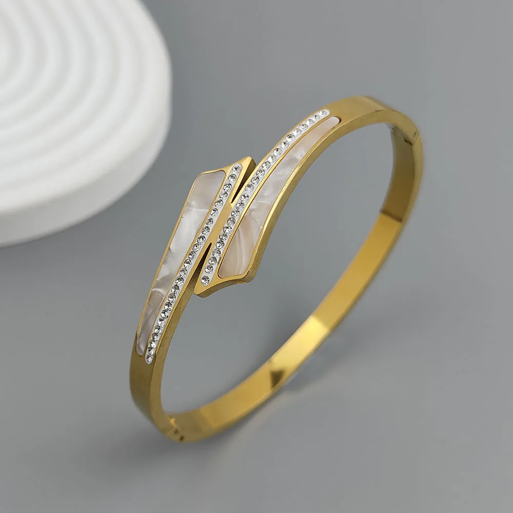 316L Stainless Steel 18K Gold Plated Interlocking Shell Inlay Rhinestone Hinged Bangle Fashion Jewelry Bracelet For Women