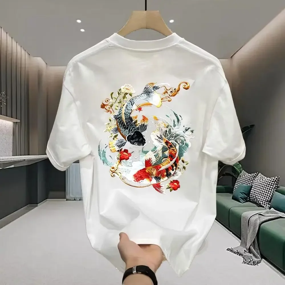 2024 Summer New Fashion Short Sleeve T-shirt Floral Carp Heavyweight Unique Chinese Style Printing Loose-fit Couples Tops