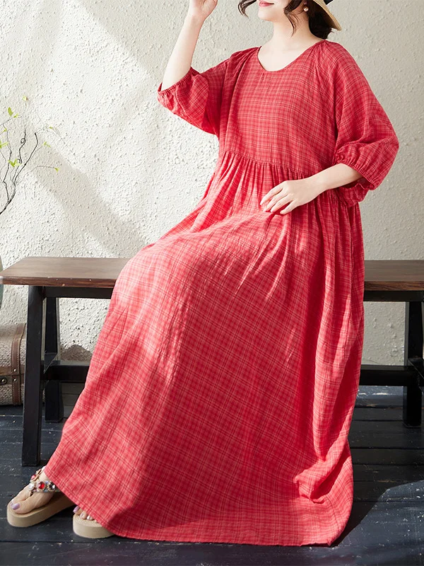 

Loose Fit Lantern Sleeve round Neck Dress Women's plus Size Artistic Style Orange And Dark Grid Large Version Citywalk Dress