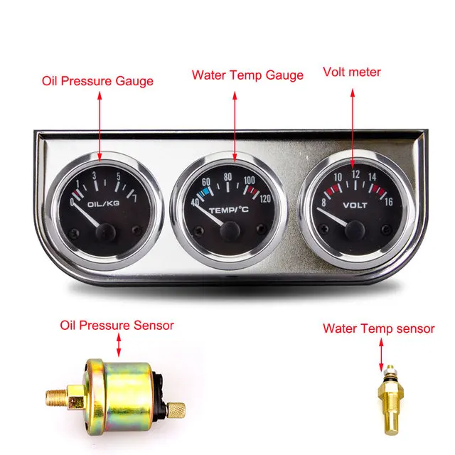 52 MM 3 In 1 Oliedrukmeter + Voltmeter + watertemperatuurmeter Kit Voltmeter met sensor Olietemperatuurmeter Triple Meter