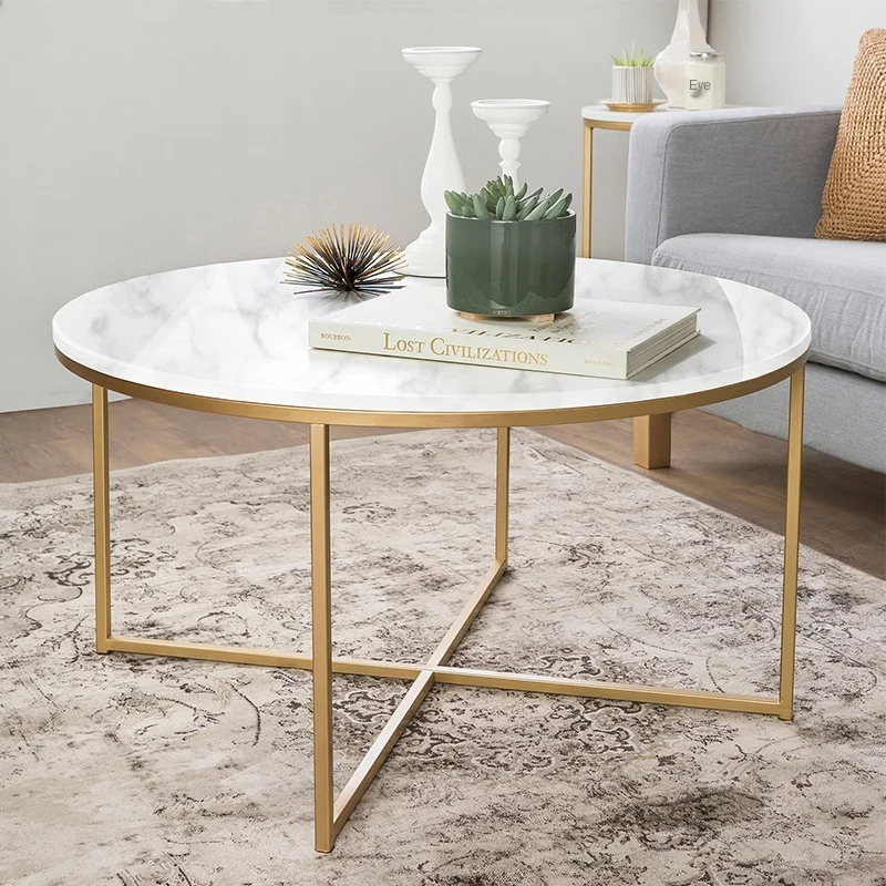 Nordic Gold Round Coffee Table Living Room Modern Creative Marble Texture Large Table Home Furniture