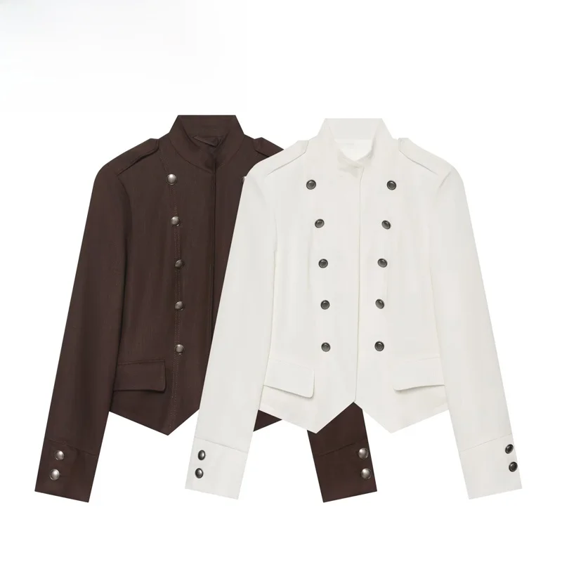 Fashionable Double-Row Button Napoleon Jacket Outerwear for Women New Arrival Polyester Fiber Long Sleeve Short Style