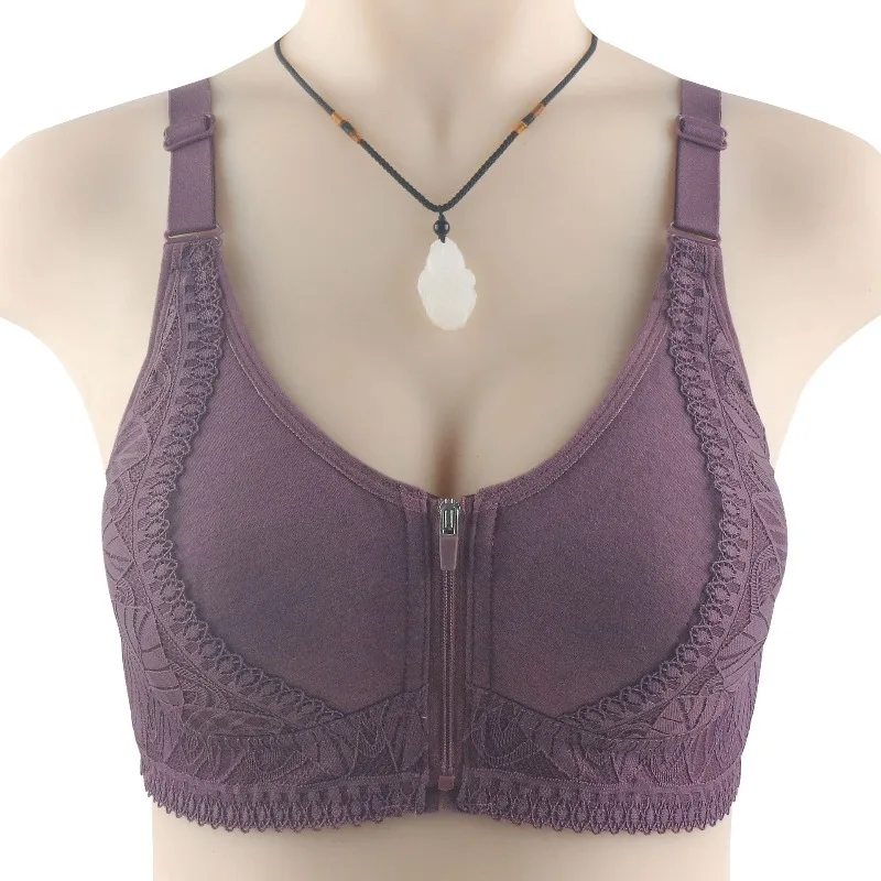 Plus Size Lace Front Zip Bra Wireless Soft Cup No Underwire Back Beauty Shaping Lingerie Daily Yoga Sleep Seamless Comfort