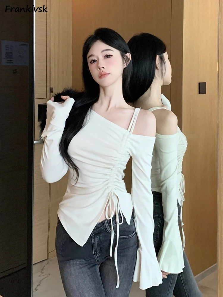 T-shirts Slim Autumn Off Shoulder Fashion Casual All-match Comfortable Sexy European Style Simple Solid Apricot Lace-up Students